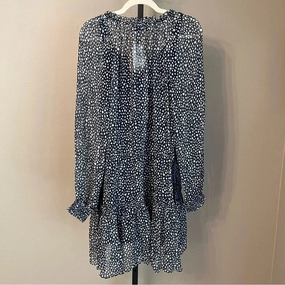 La Ligne Alexi Ruffle Long Sleeve Silk Georgette Minidress Navy Ivory Dot Large - Picture 5 of 9